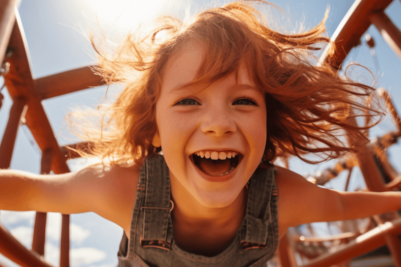 Smiling child playing on playground, signs of orthodontic needs.
